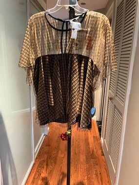 Eva Franco Brown Plaid Sheer Short-Sleeve Blouse